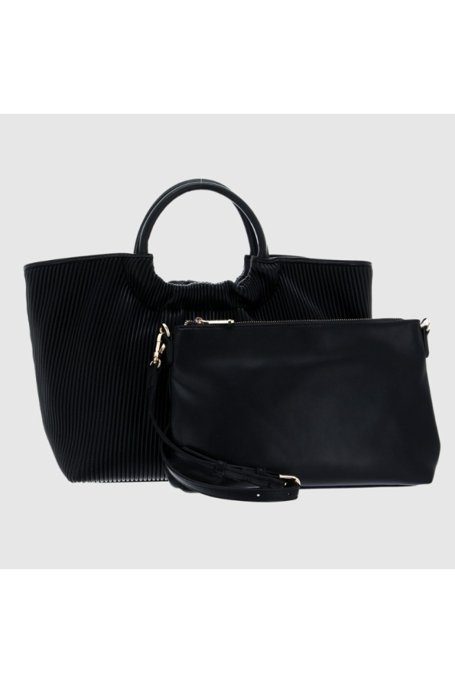 VALENTINO Black pleated river re shopper bag with pouch