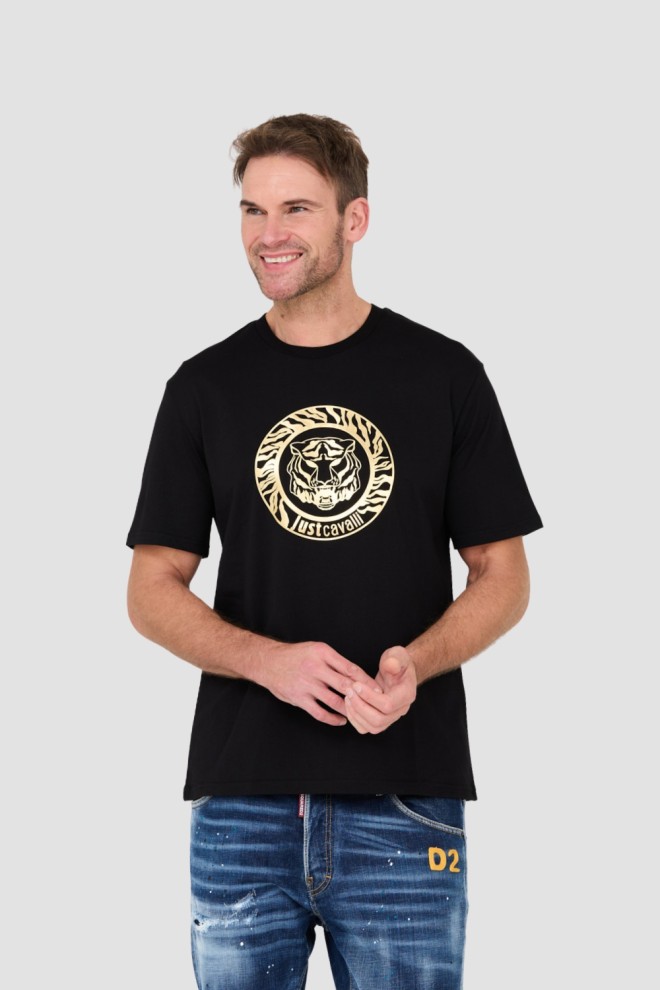 JUST CAVALLI Tricou negru T-round Gold pentru bărbați