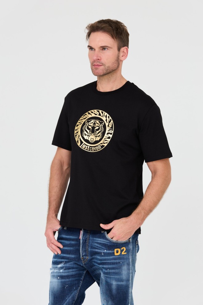 JUST CAVALLI Tricou negru T-round Gold pentru bărbați