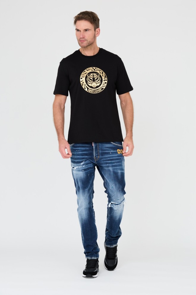JUST CAVALLI Tricou negru T-round Gold pentru bărbați
