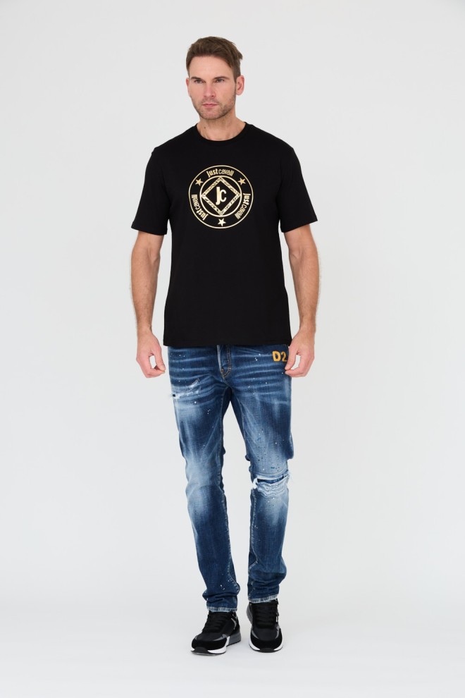 JUST CAVALLI Tricou negru Fiche Gold pentru bărbați