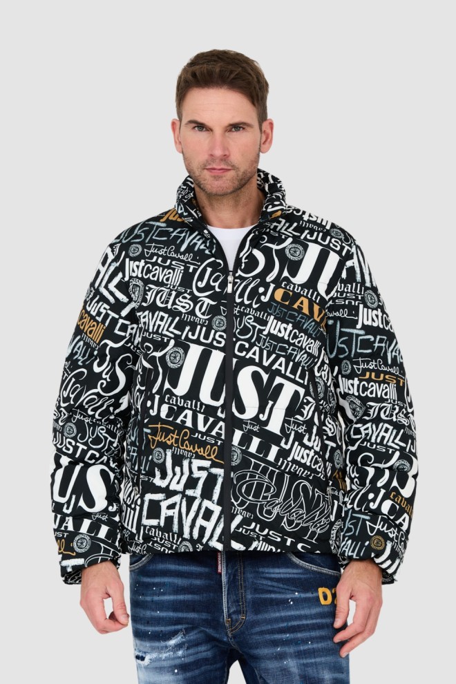 JUST CAVALLI Jachetă neagră cu litere imprimate pentru bărbați