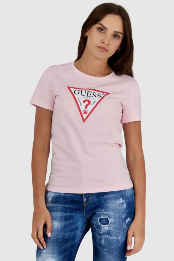 GUESS Tricou roz pentru femei cu logo triunghiular