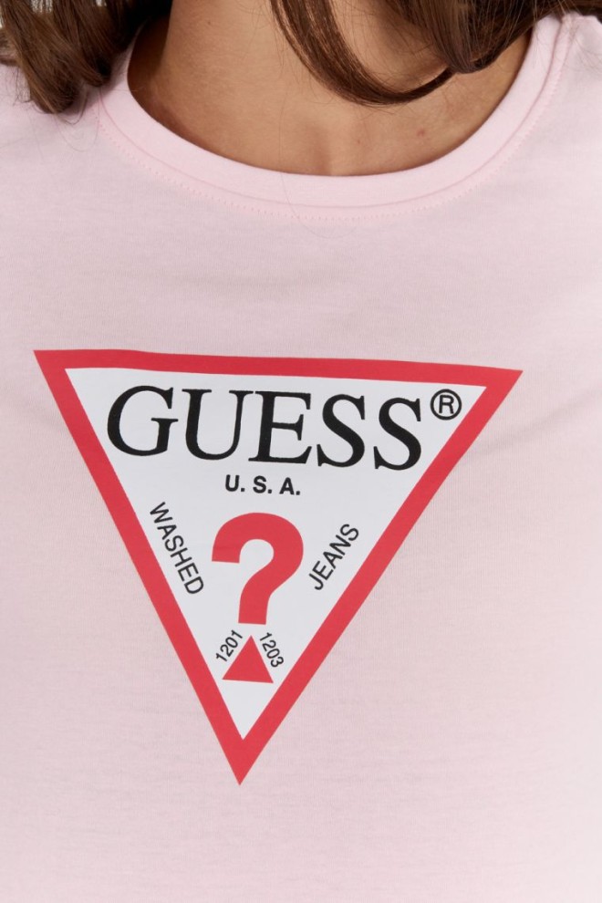 GUESS Tricou roz pentru femei cu logo triunghiular