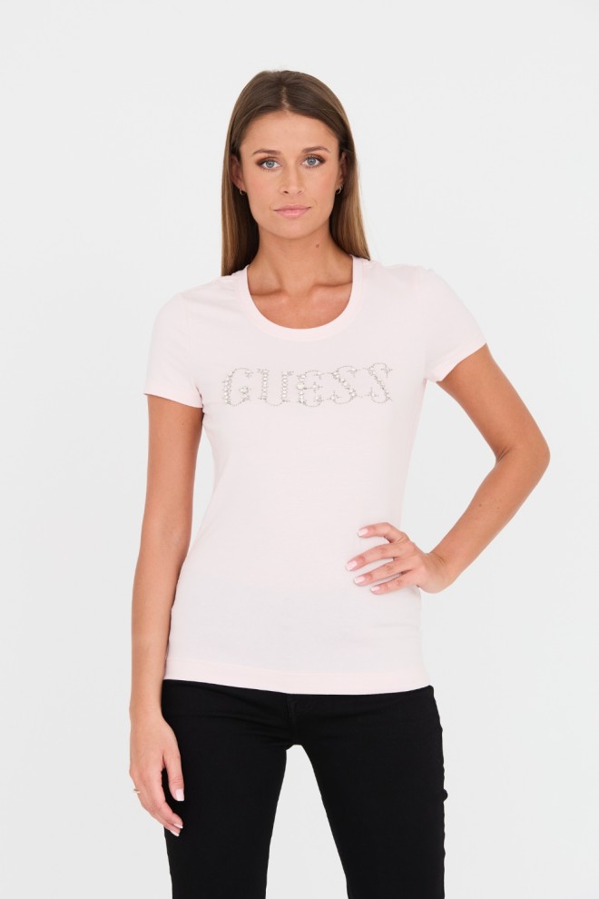 GUESS Różowy t-shirt Stones Logo Tee