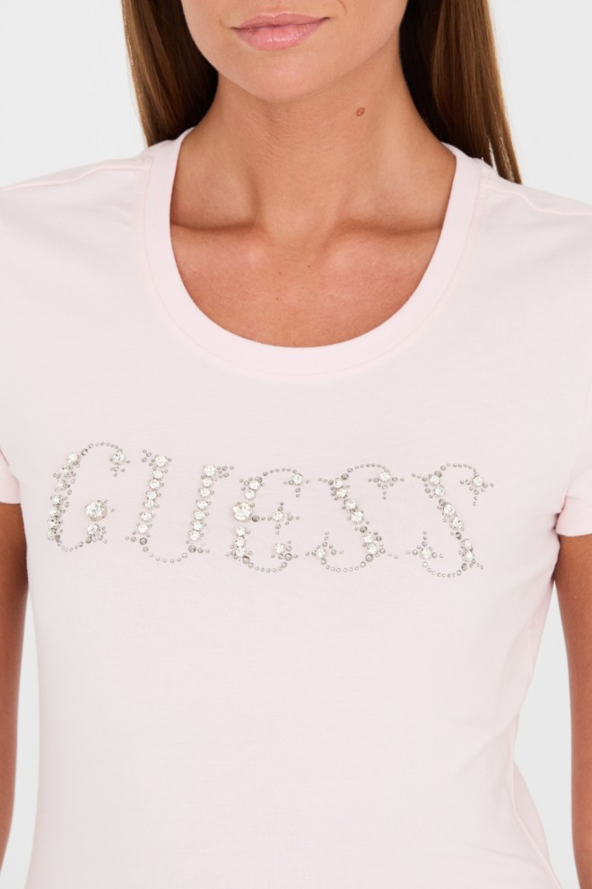 GUESS Różowy t-shirt Stones Logo Tee