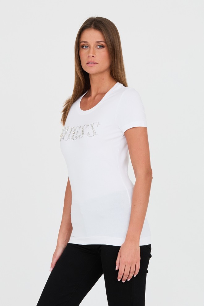 GUESS White bumbac pentru femei Stones Logo Tee