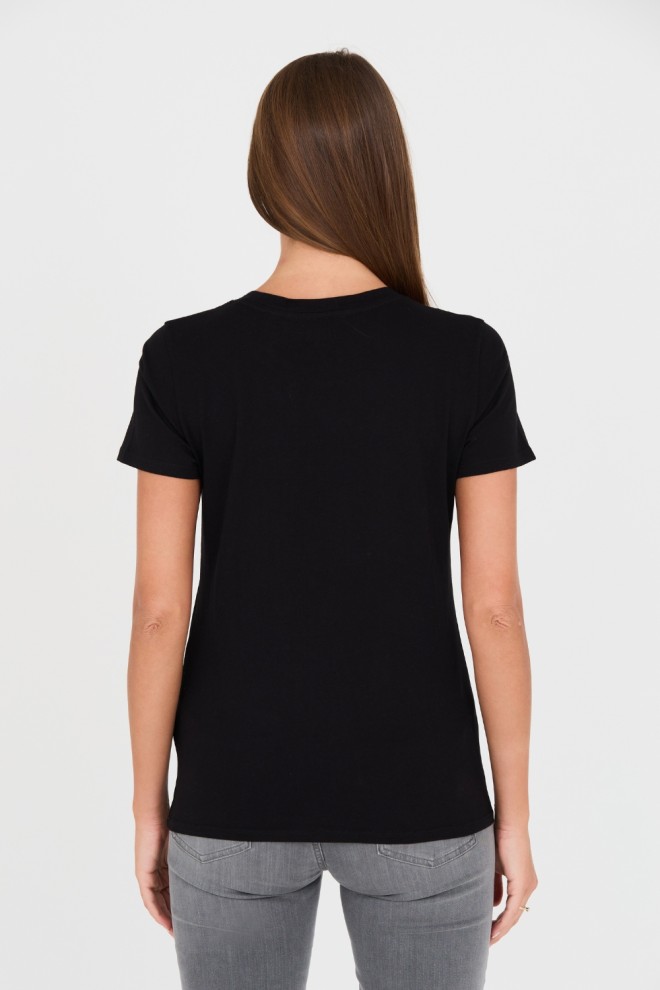 GUESS Tricou negru din bumbac imprimat pentru femei