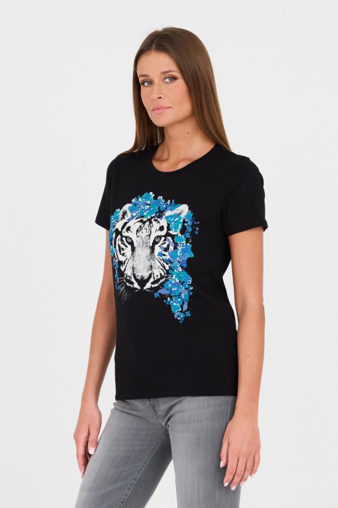 GUESS Tricou negru din bumbac imprimat pentru femei