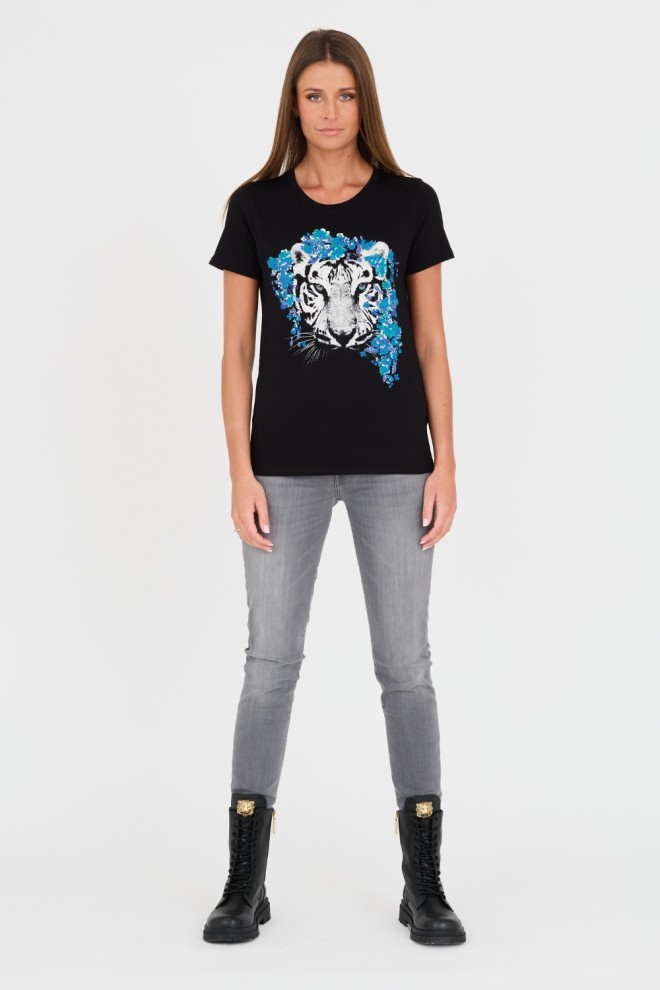 GUESS Tricou negru din bumbac imprimat pentru femei