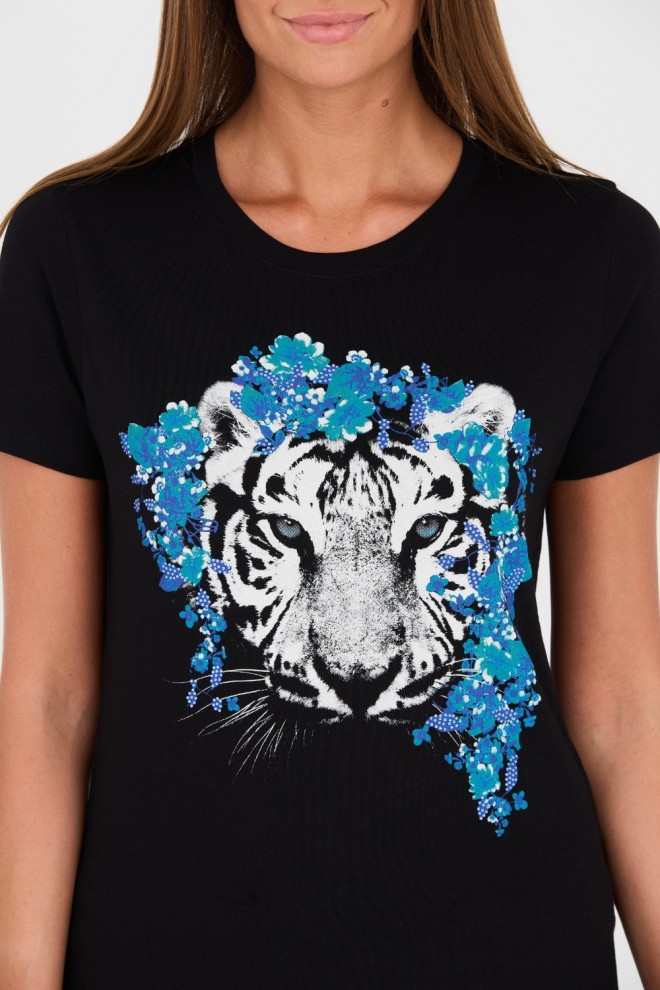 GUESS Tricou negru din bumbac imprimat pentru femei