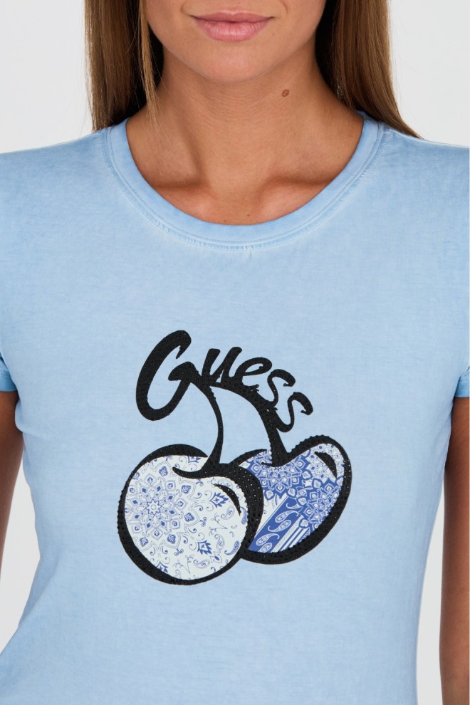 GUESS Niebieski t-shirt z printem i cyrkoniami