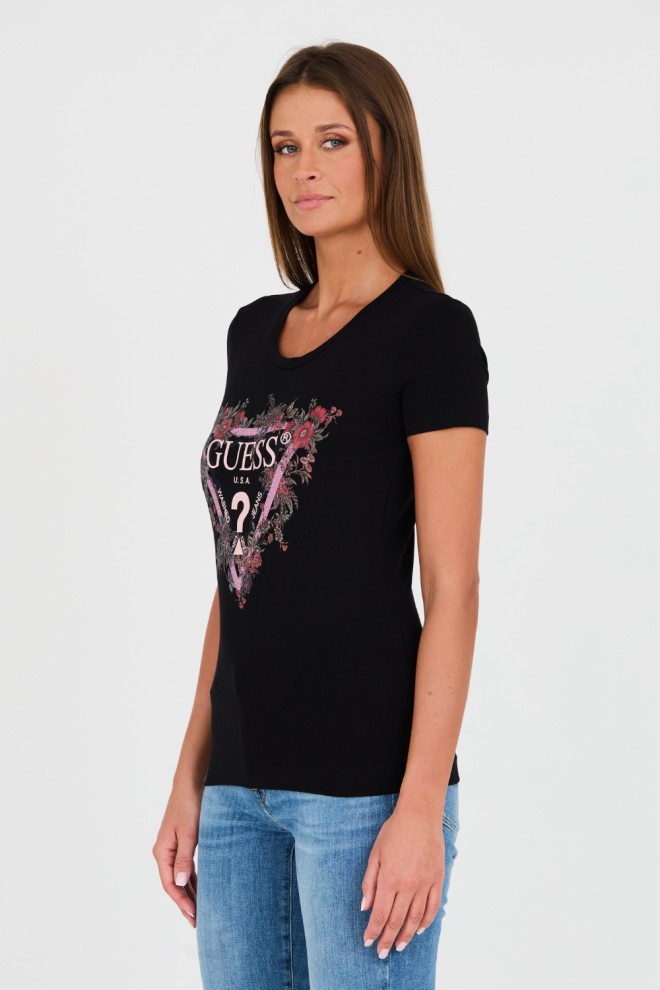GUESS Tricou negru din bumbac cu logo pentru femei