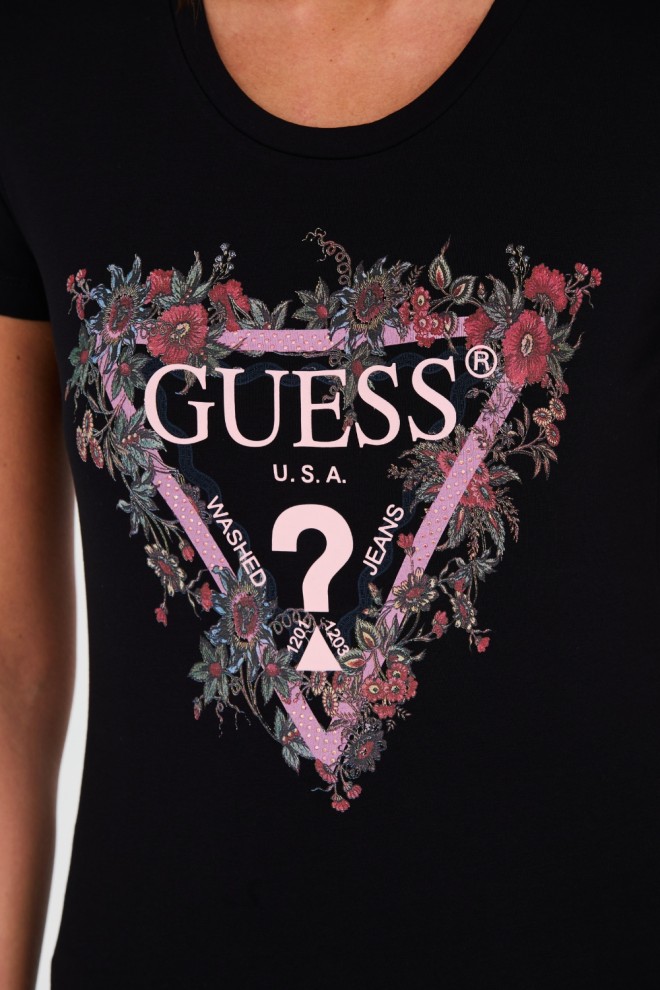 GUESS Tricou negru din bumbac cu logo pentru femei