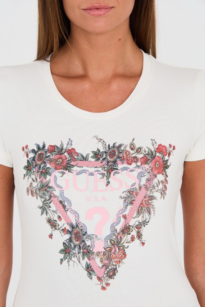 GUESS Tricou alb din bumbac cu logo pentru femei