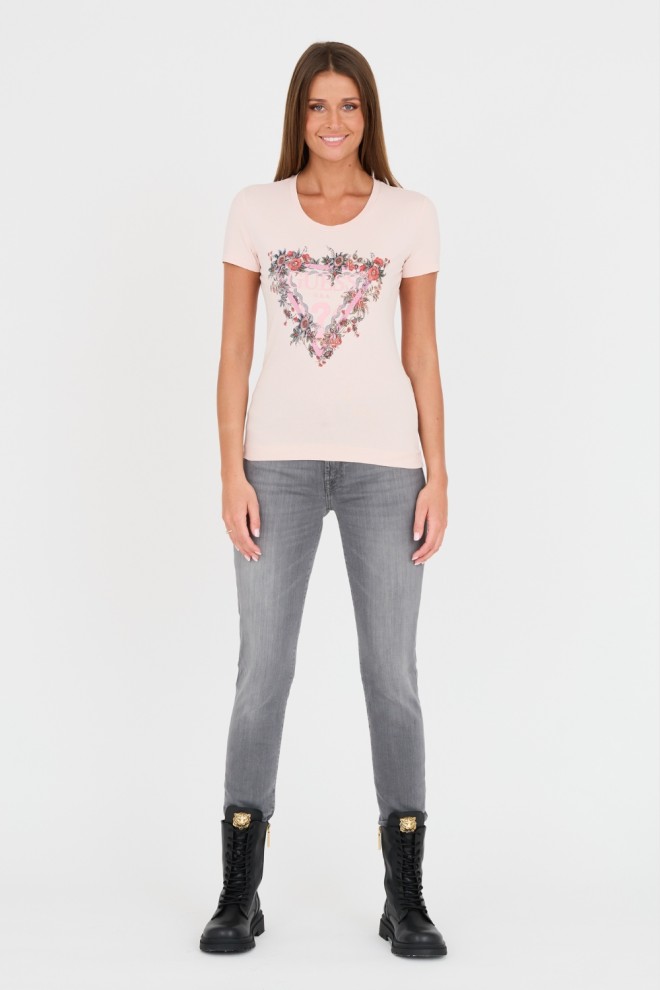 Tricoul din bumbac cu logo-ul femeii GUESS Pink