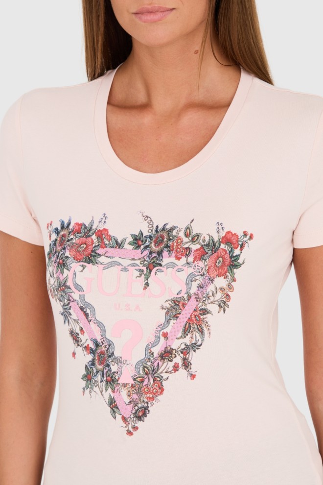 Tricoul din bumbac cu logo-ul femeii GUESS Pink