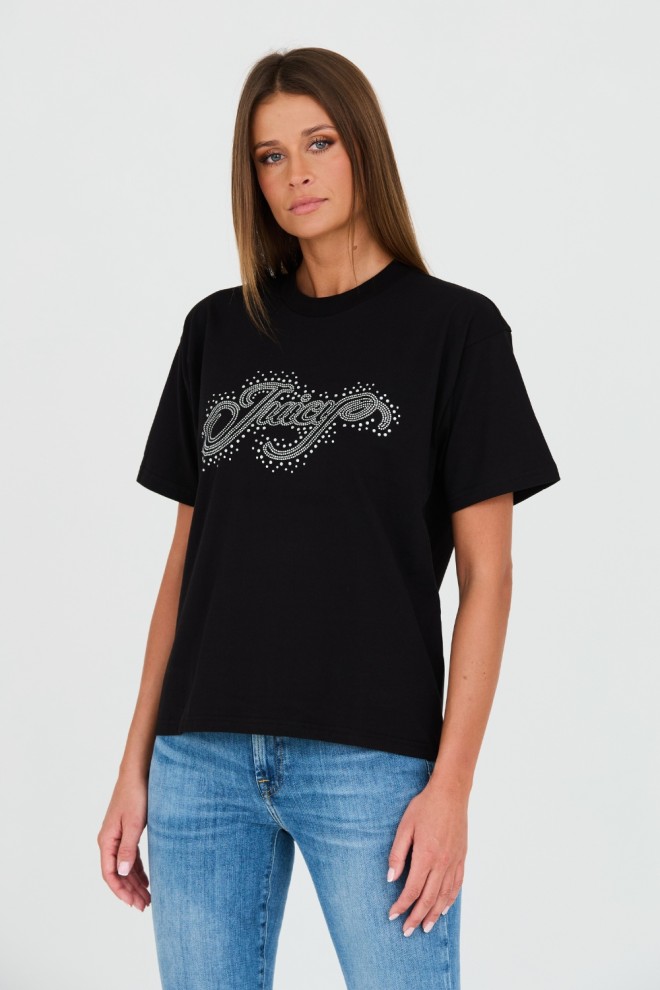 JUICY COUTURE Tricou negru pentru femei Boyfriend Scatter Diamante