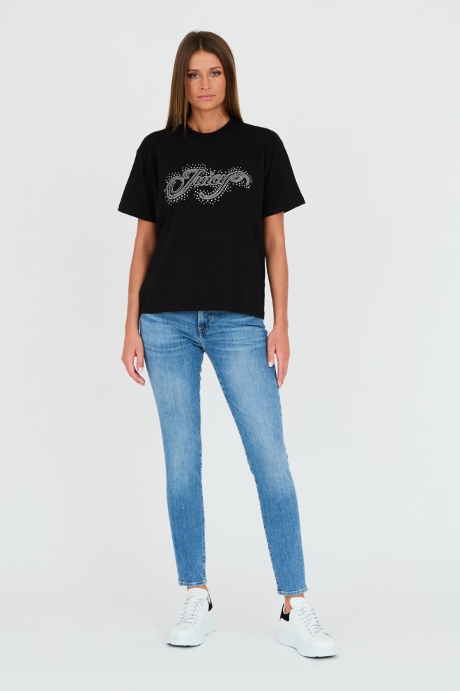 JUICY COUTURE Tricou negru pentru femei Boyfriend Scatter Diamante
