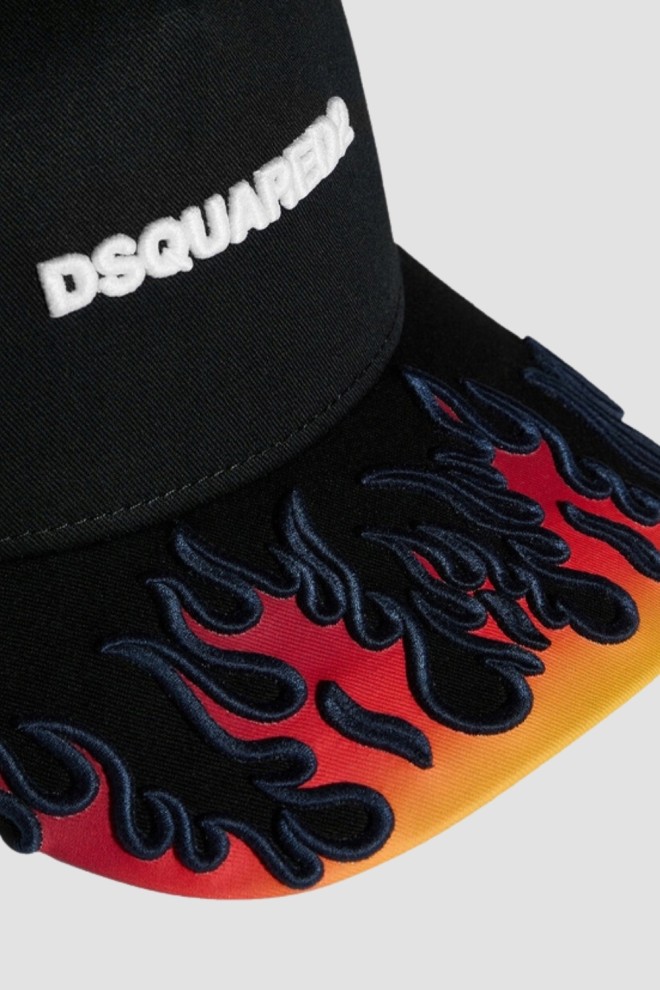 DSQUARED2 Męska czarna czapka z daszkiem w płomienie