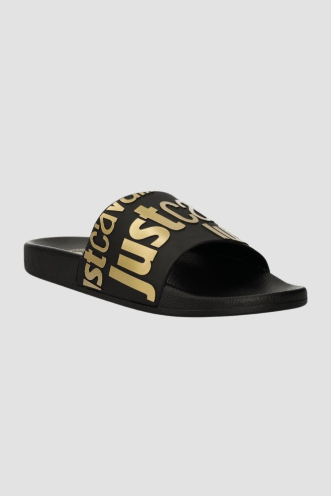 JUST CAVALLI Flip-flops negri cu logo auriu Fondo Pool