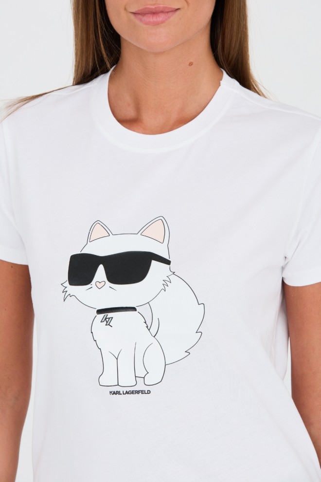 KARL LAGERFELD White t-shirt with catKARL LAGERFELD Biały t-shirt z kotem