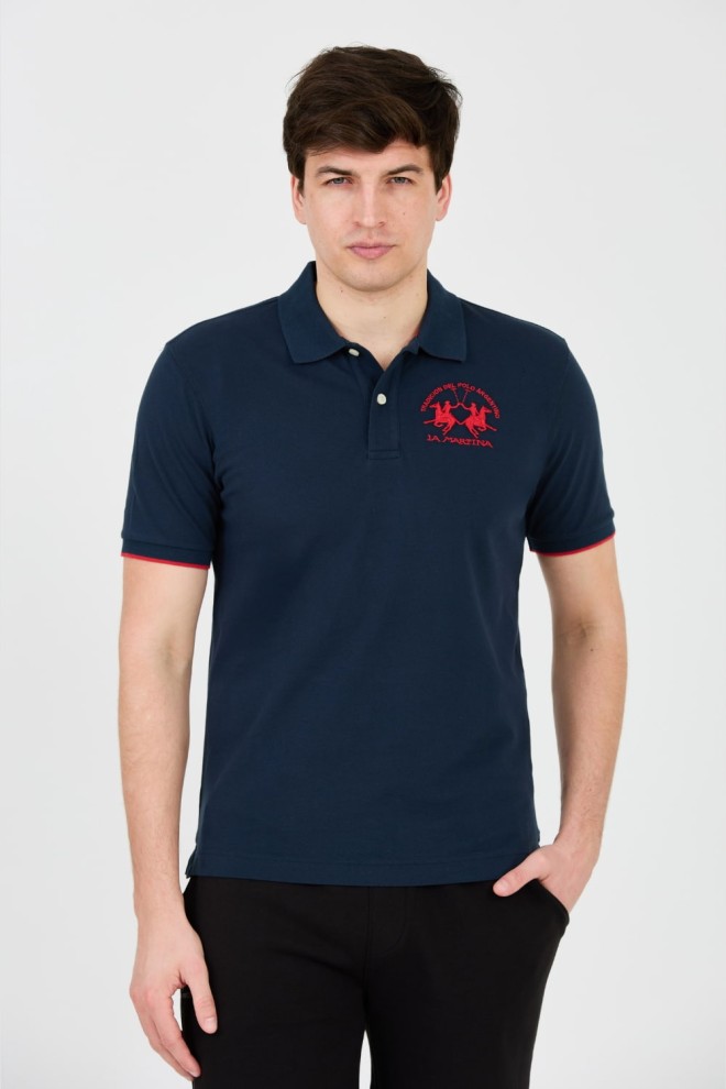 LA MARTINA Navy blue polo with big red logo