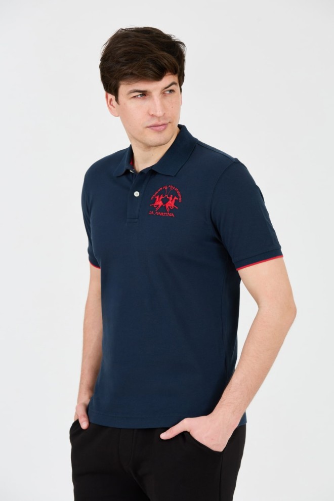 LA MARTINA Navy blue polo with big red logo