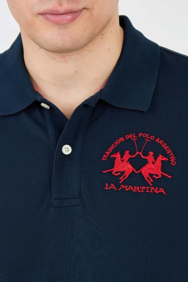 LA MARTINA Navy blue polo with big red logo