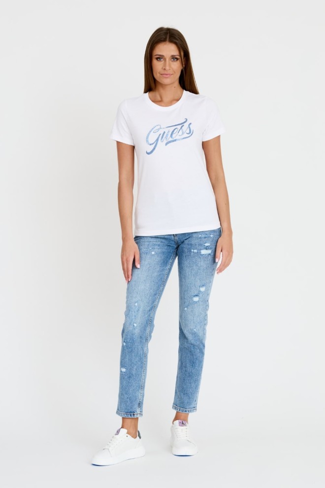 GUESS Biały T-shirt STONES&EMBRO TEE