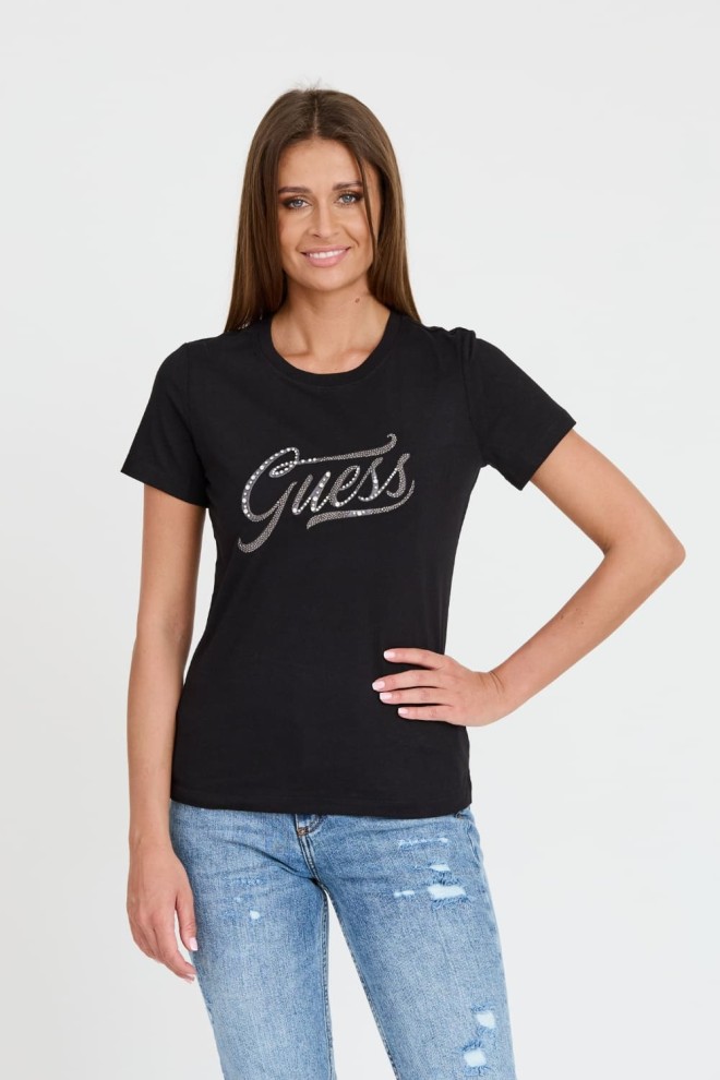 GUESS Negru femei STONES&EMBRO TEE bumbac T-shirt