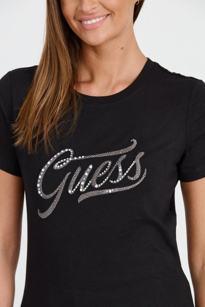 GUESS Negru femei STONES&EMBRO TEE bumbac T-shirt