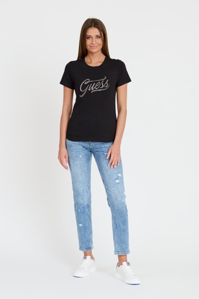 GUESS Negru femei STONES&EMBRO TEE bumbac T-shirt