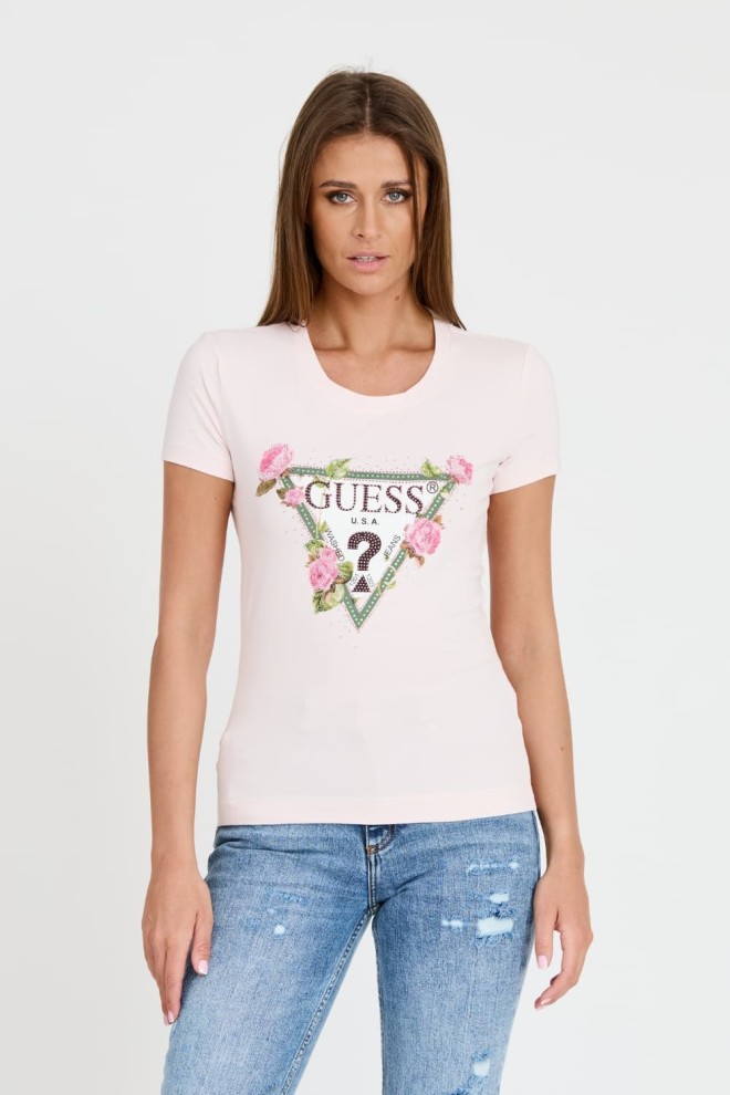 GUESS Tricou cu triunghi floral roz pentru femei