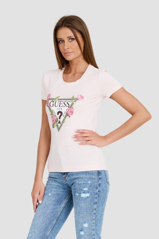 GUESS Różowy t-shirt Floral Triangle Tee