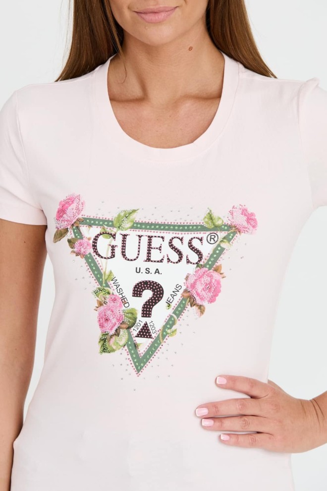 GUESS Różowy t-shirt Floral Triangle Tee