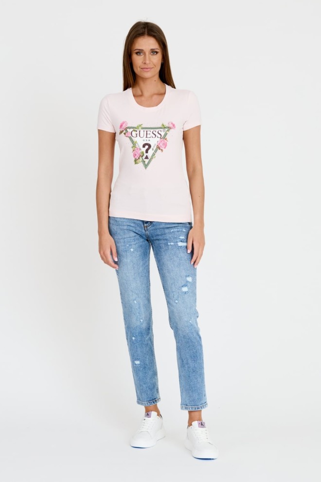 GUESS Tricou cu triunghi floral roz pentru femei