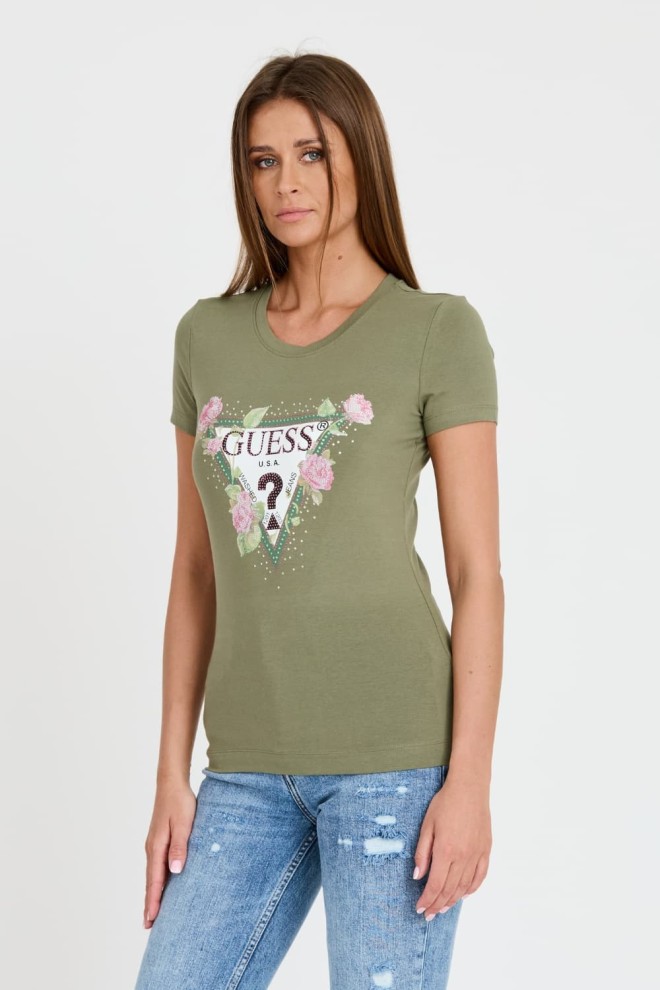 GUESS Zielony t-shirt Floral Triangle Tee