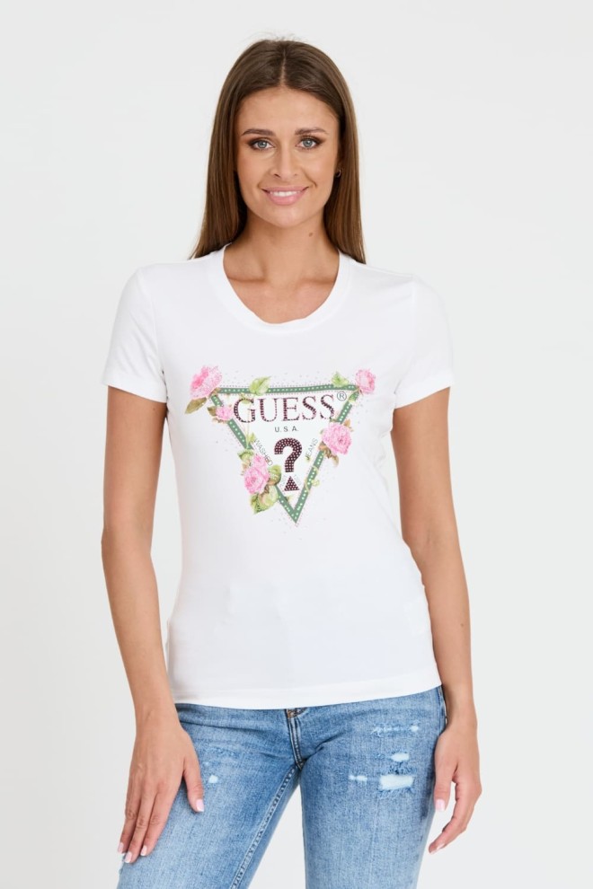 GUESS Biały t-shirt Floral Triangle Tee