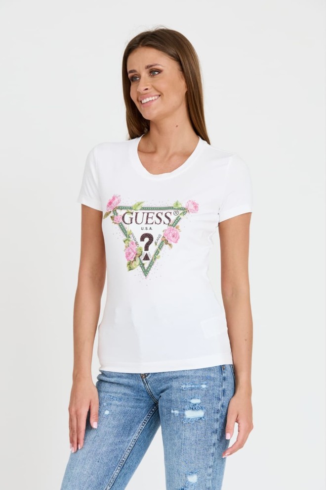 GUESS Biały t-shirt Floral Triangle Tee