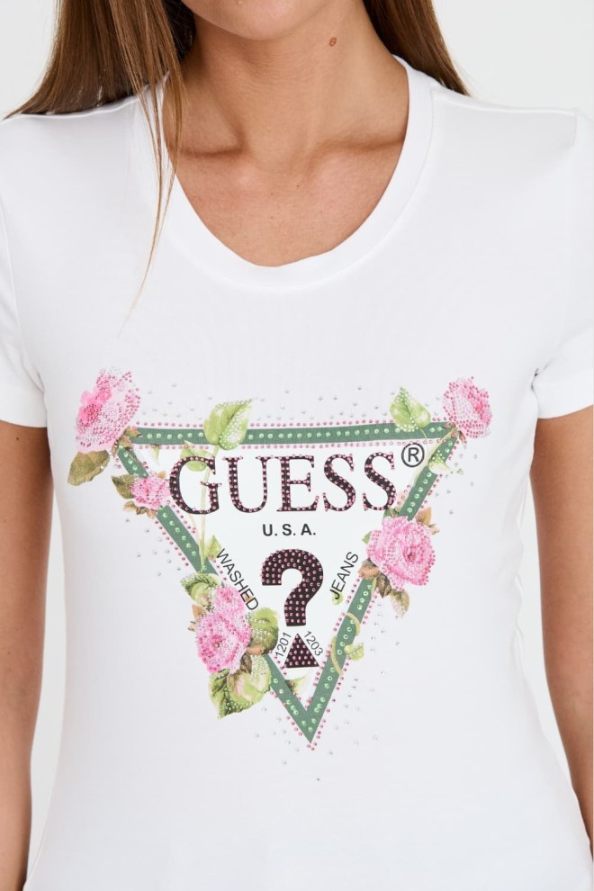 GUESS Biały t-shirt Floral Triangle Tee