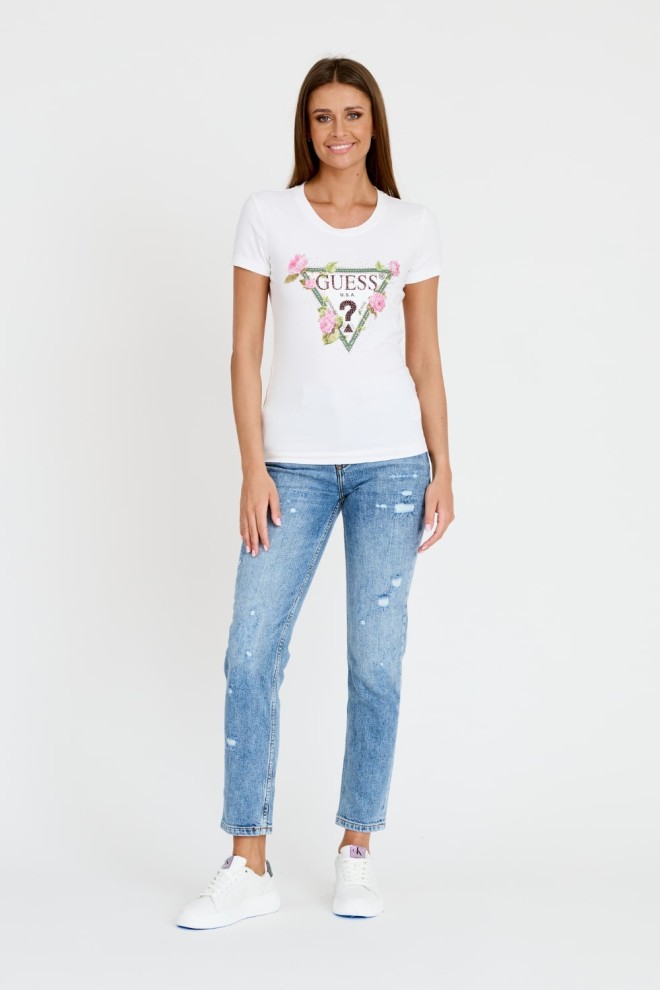 GUESS Biały t-shirt Floral Triangle Tee