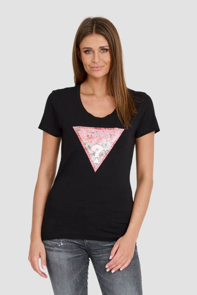 GUESS Czarny t-shirt Satin Triangle Tee