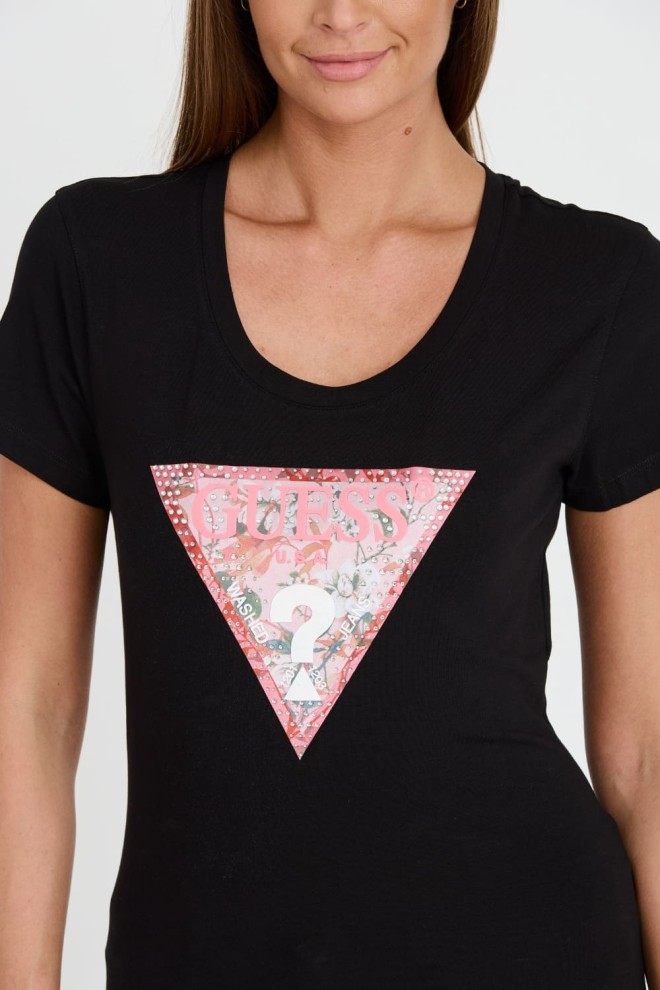 GUESS Czarny t-shirt Satin Triangle Tee