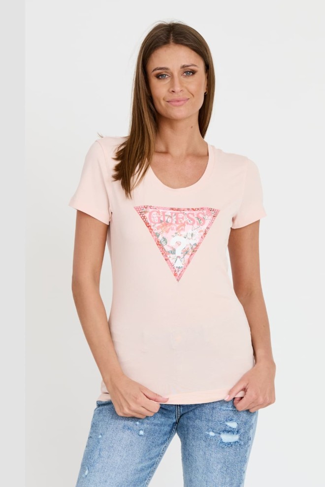 GUESS Różowy t-shirt Satin Triangle Tee