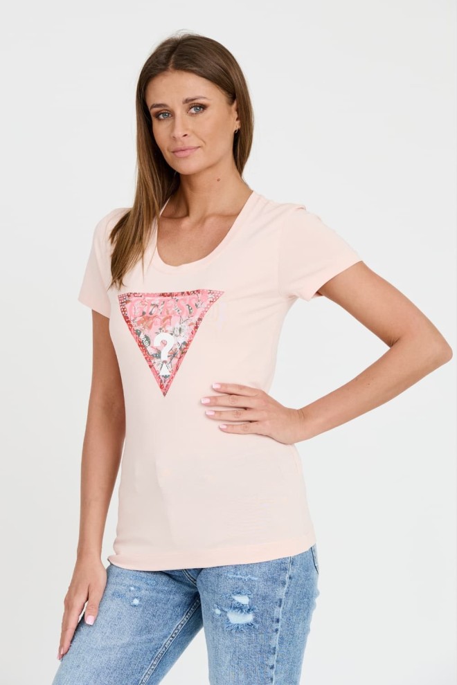 GUESS Różowy t-shirt Satin Triangle Tee