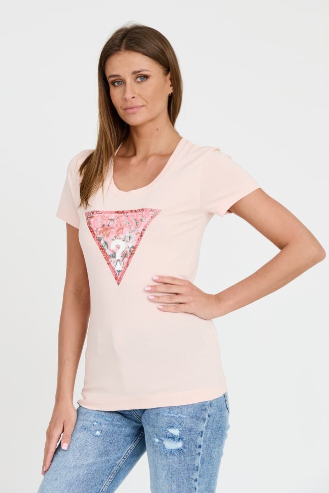 Tricou cu triunghi din satin pentru femei GUESS Pink
