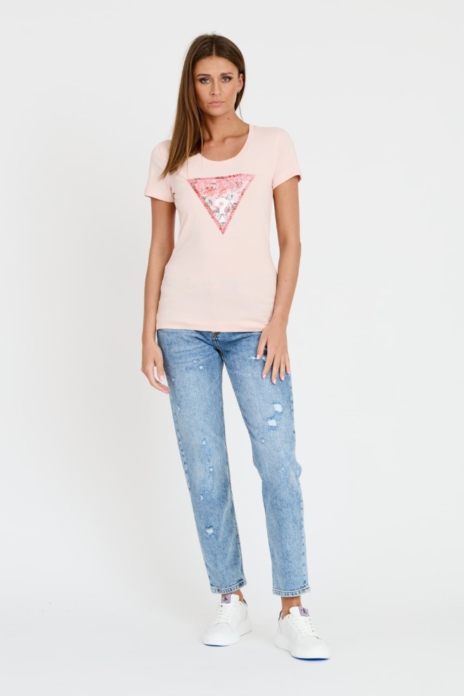 GUESS Różowy t-shirt Satin Triangle Tee