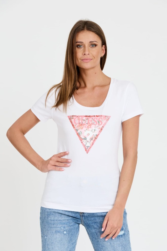 GUESS Biały t-shirt Satin Triangle Tee