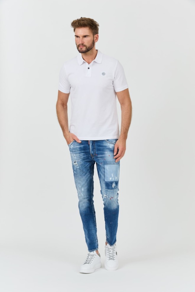 GUESS Polo alb pentru bărbați Washed